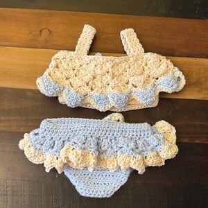 Handmade Crochet Baby Ruffle Set - Cream and Blue